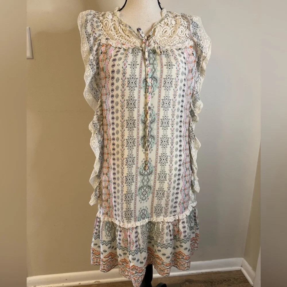 Hiche Boho Southwestern Lace Trim Midi Sheath Dress SZ small - Picture 1 of 10